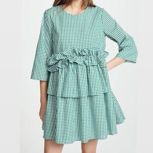English Factory Green Ruffled Gingham Dress Large 100% cotton